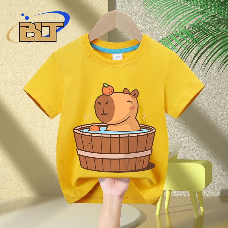 Capybara in hot tub printed Kids TShirts summer childrens pure cotton shortsleeved casual tops boys and girls gifts