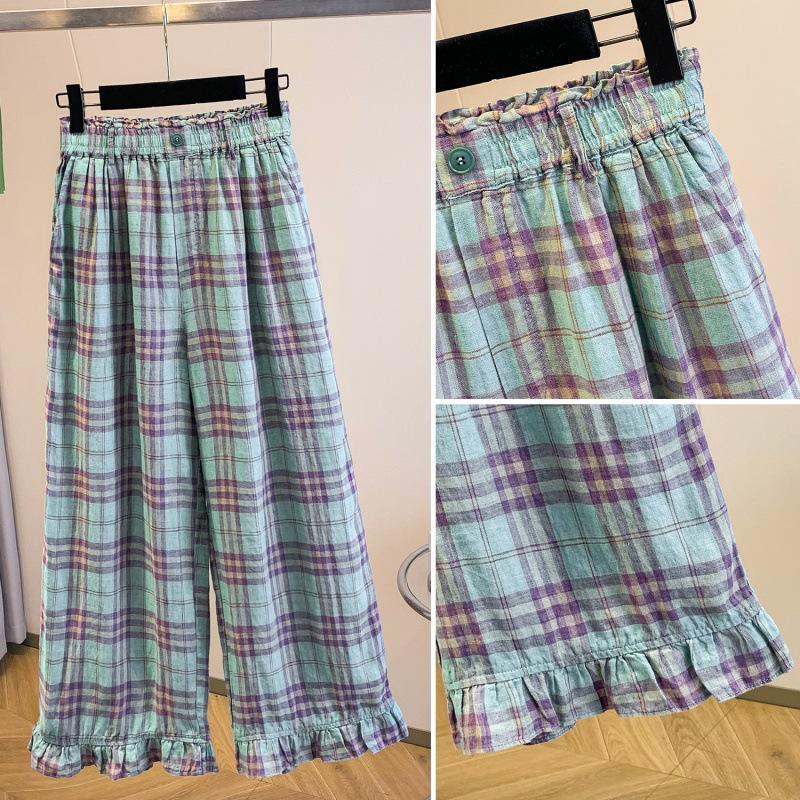Women's Retro Plaid Wide-Leg Elastic Waist Pants