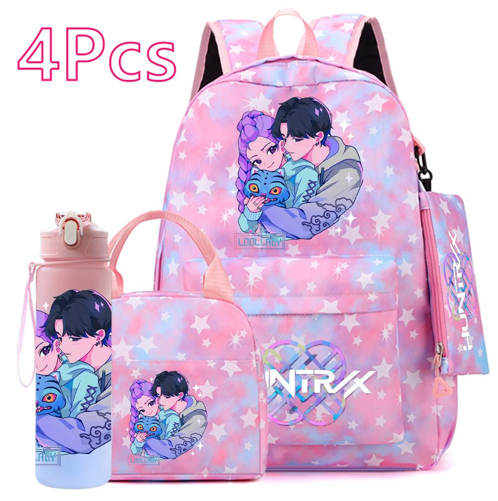4Pcs/set Anime Cute Printed Backpack Large Capacity Bookbag HandBag Case Bag with 750ml Water Bottler Boy Girl SchoolBag Waterproof Mochila