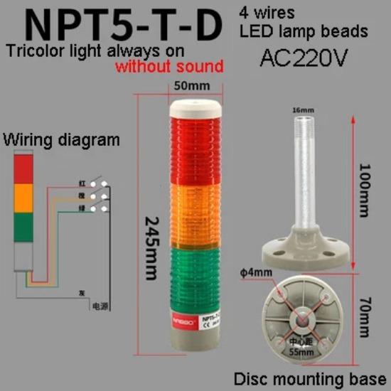 1Pcs NPT5-T-D Without Sound 3 Layer Tricolor Lamp Machine Tool LED Warning Light Semaphore Indicator Lamp Red Yellow Green