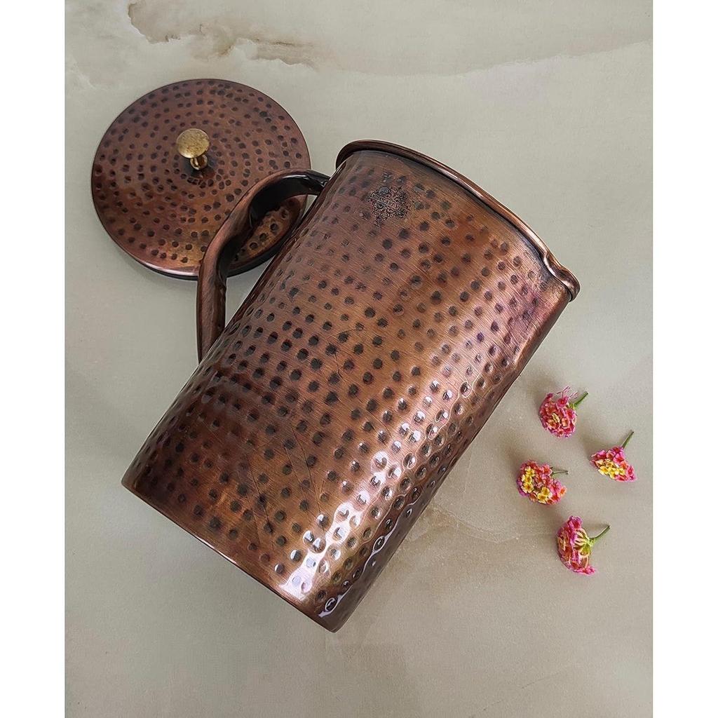Copper Jug Pitcher with Hammered Design - Antique Dark Tone - 2000 ML - Storage & Serving Water for Yoga Ayurveda Healing