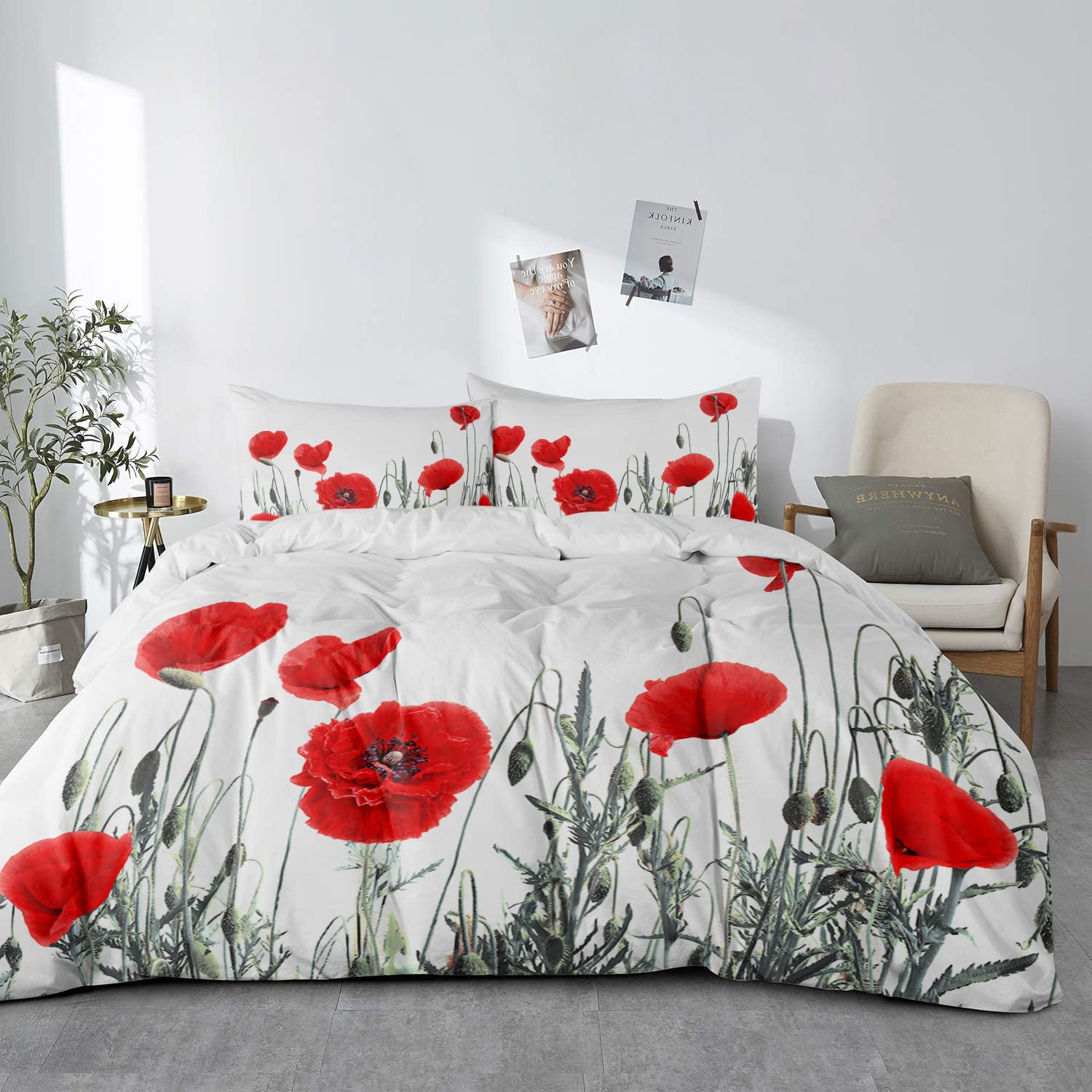 

Цветочный пододеяльник Маки Яркие лепестки Бутоны Пасторальная чистота Природа Дизайн Декоративное постельное белье Красный Зеленый для женщин Взрослые 140x210cm 2pcs