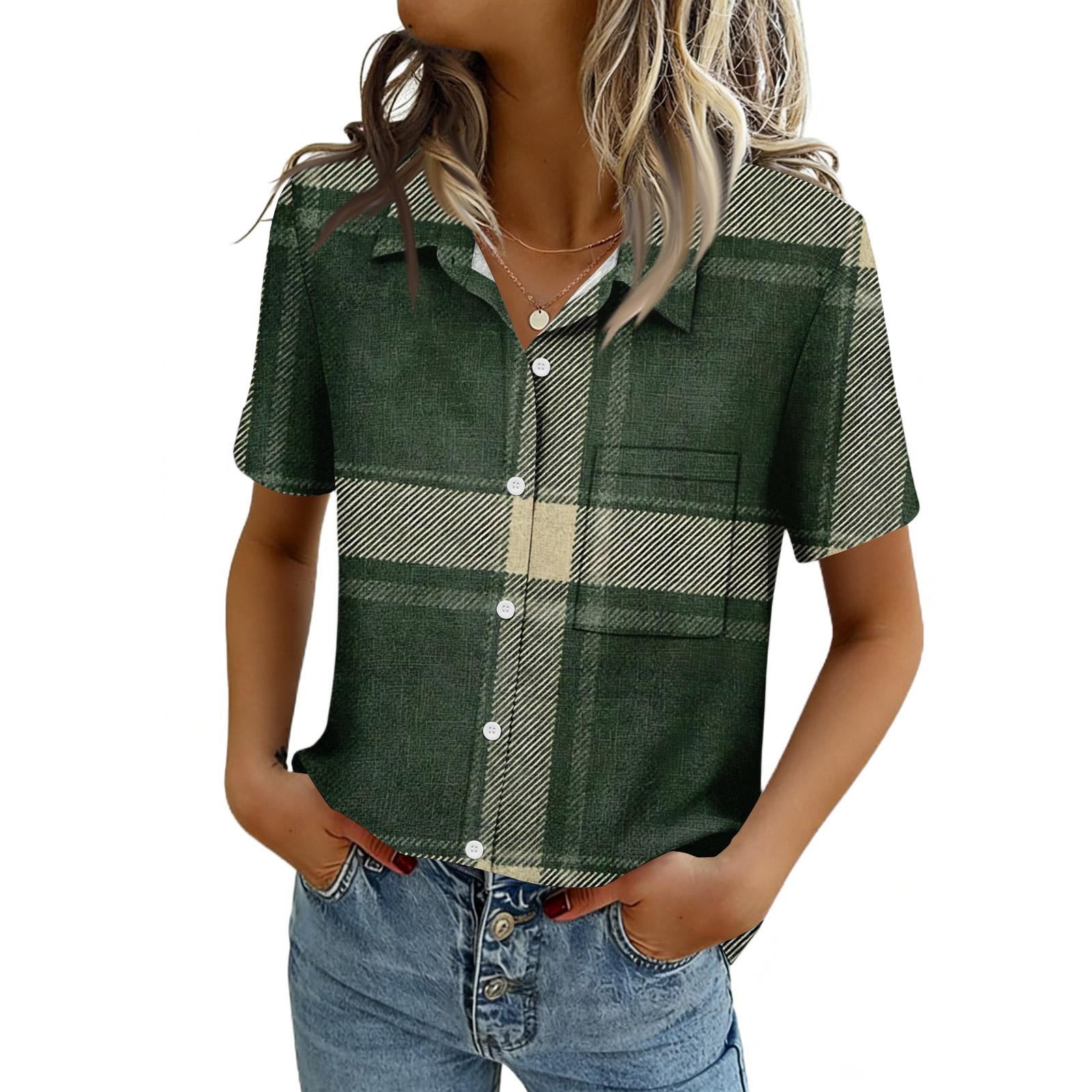 

Women Blouses Short Sleeve Button Down Shirts Business Casual Dressy Work Tops Summer Spring Clothes XL зелений