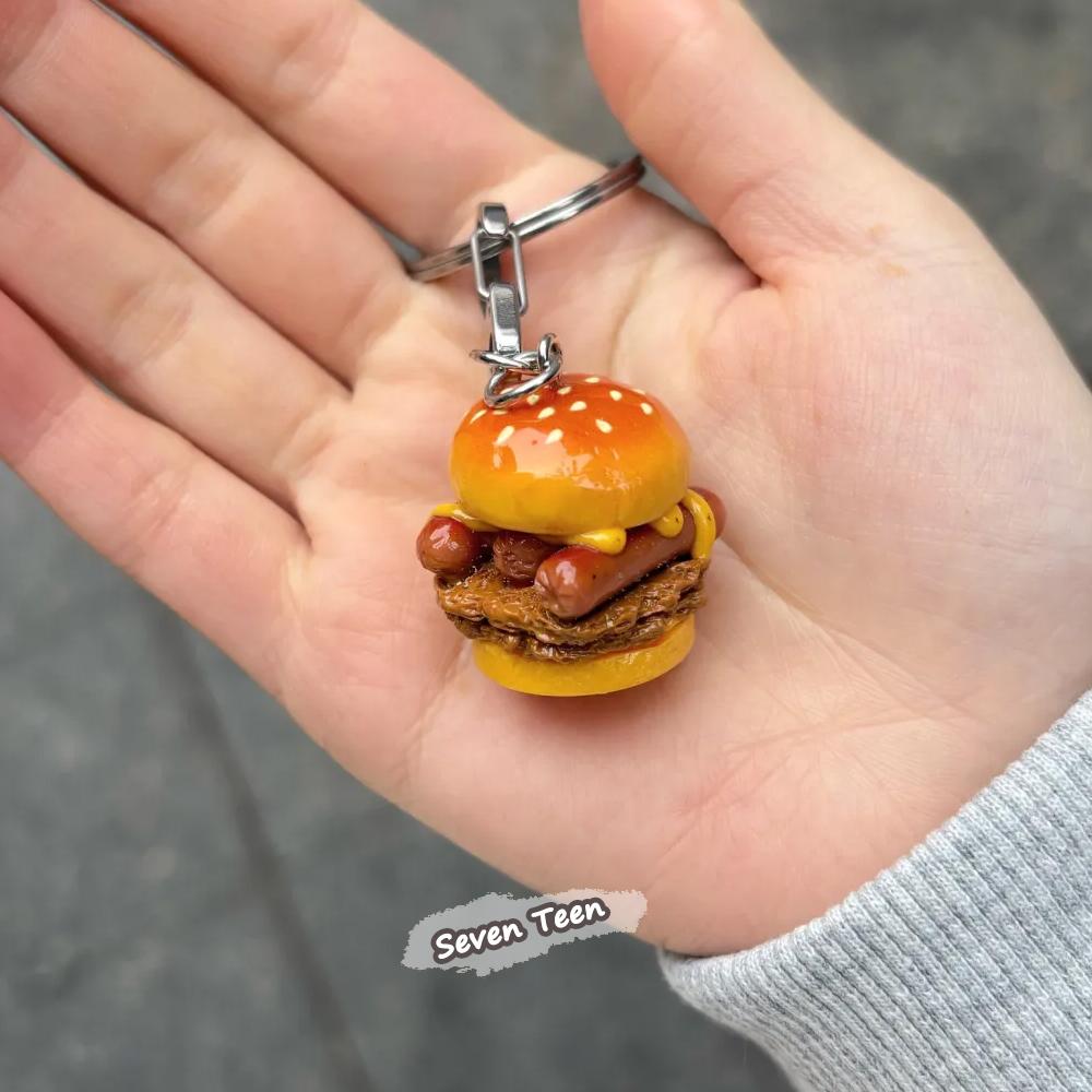 Not Vegetarian! Creative Cheese Hot Dog Double Beef Patty Full Load Burger Pendant Keychain Backpack Ornament For Students