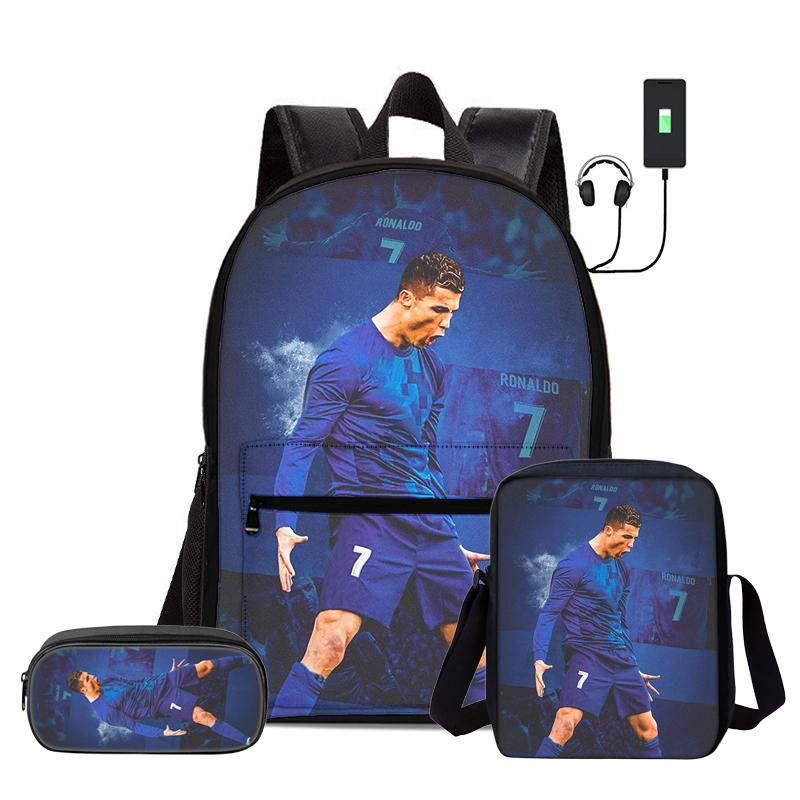 Children 3Pcs Set Daily Pack Football Star Rucksack Best Gift Pupil School Carry Carrier Pencil Bags M-Messis School Bag