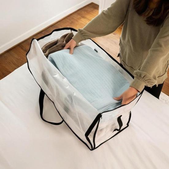 Large Quilt Storage Bag Clear Storage Bin with Lid Reinforced Handles Waterproof Foldable Moving Storage Bags Totes for Clothes Packing Bedding