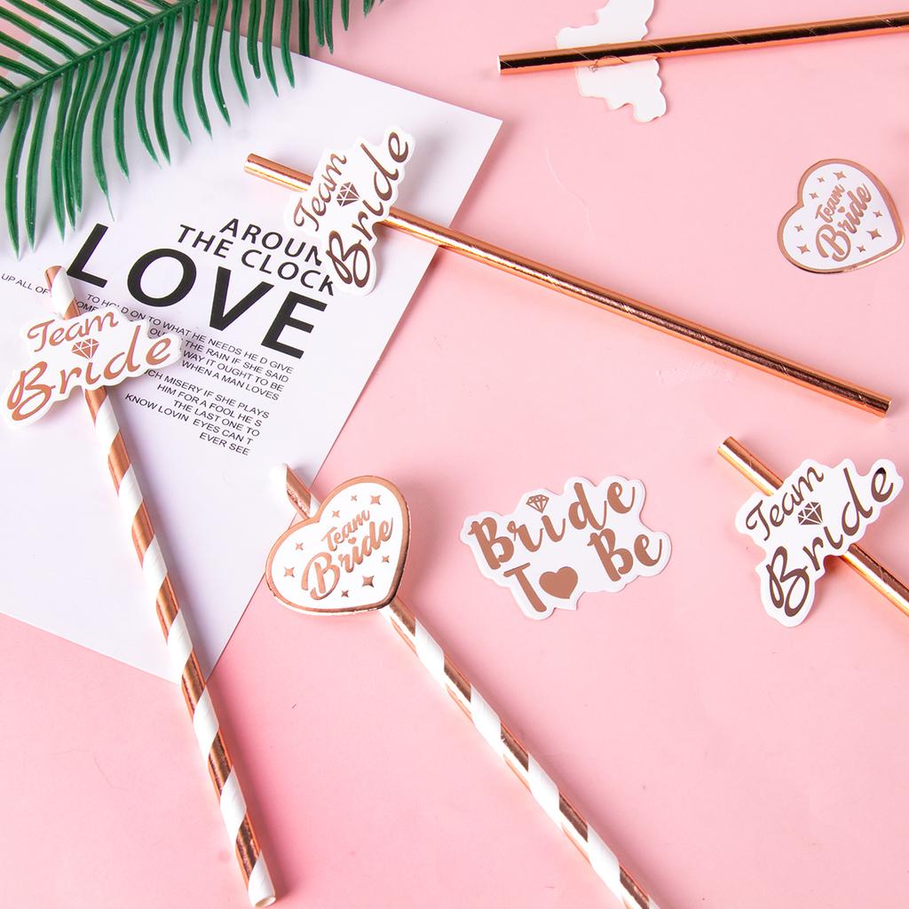 10/20pcs Team Bride Rose Gold Paper Straws Bachelorette Party Wedding Decoration Drinking Straw To Be Hen Party Birdal Shower