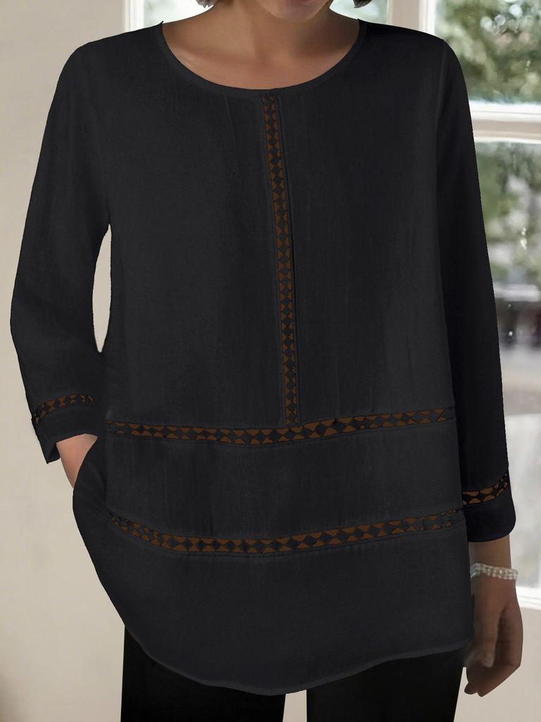 2025 Women's Semi-Transparent Solid Color Round Neck Hollow Long Sleeve Loose Cotton Shirt - Middle Eastern Style