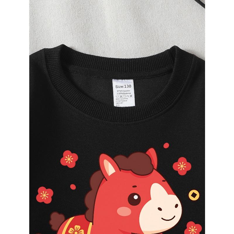 Kids Sweatshirt Crewneck Sweatshirt Red Horse with Golden Flowers And Clouds Machine Washable, Spring And Autumn