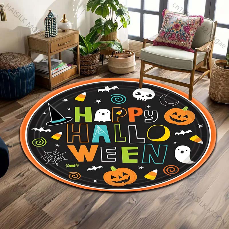Pumpkin Head Bat Castle Halloween Round Carpet Floor Mat Suitable for Children's Bedroom Decor Living Room Round Rugs for Gifts