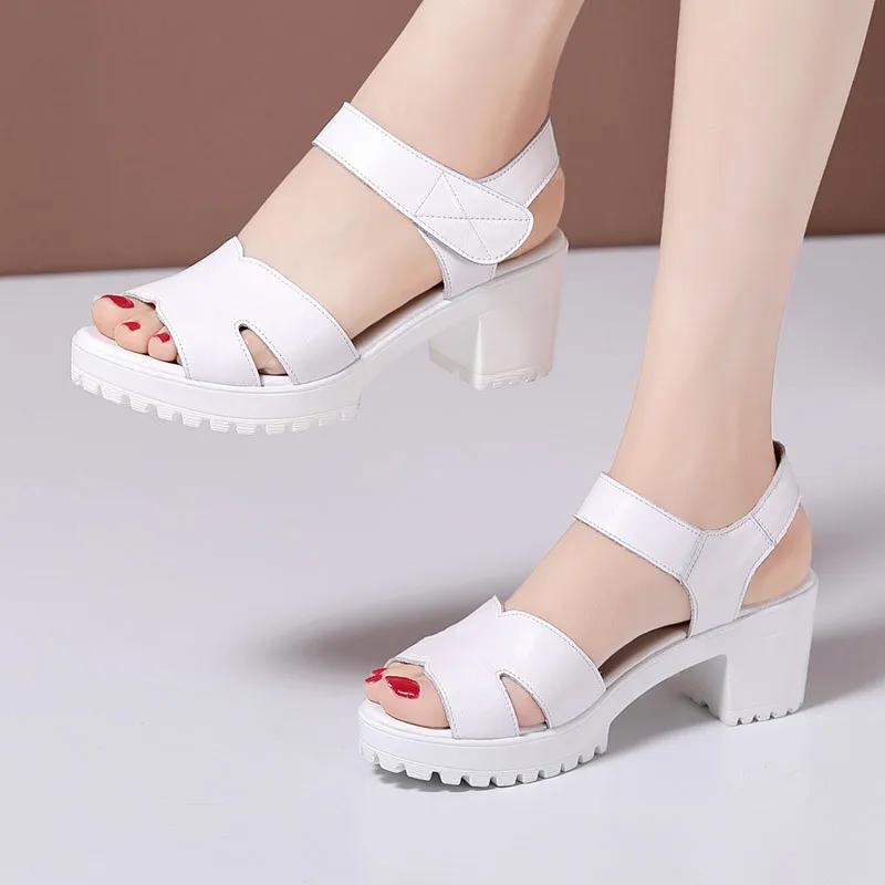 Small Size 32-43 Elegant Genuine Leather Shoes Women Summer Platform Sandals 2025 Block High Heels Sandals Women Office Mother