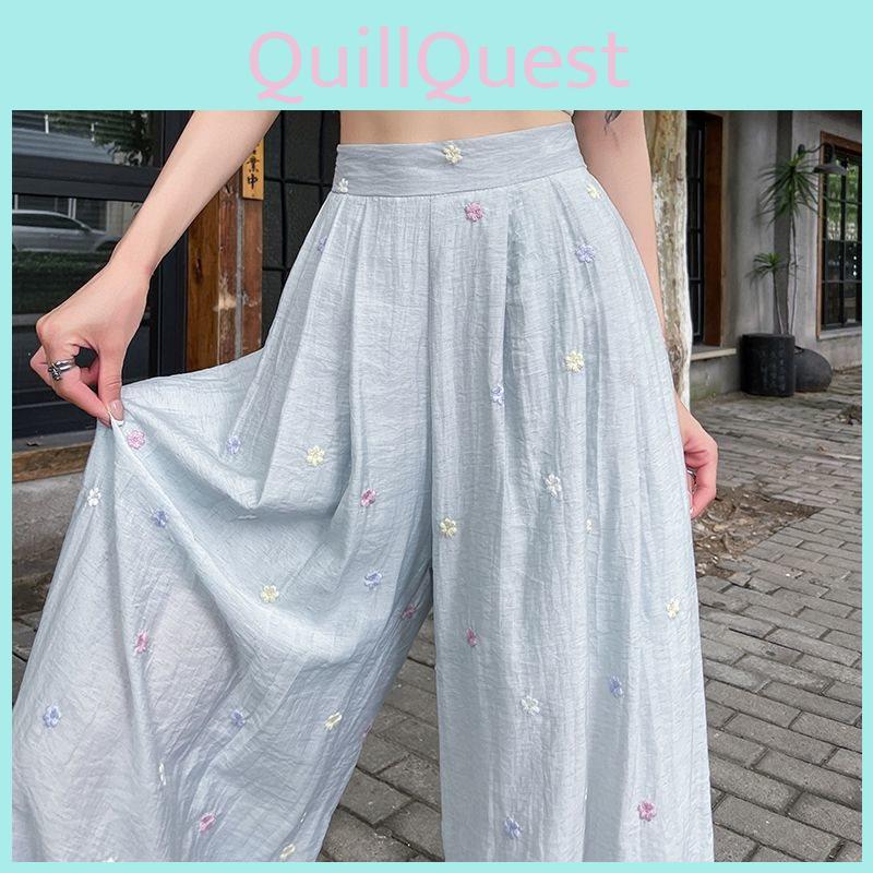 Damen Leinen Weite Hosen Mit Stickerei Für Sommer Freizeitkleidung