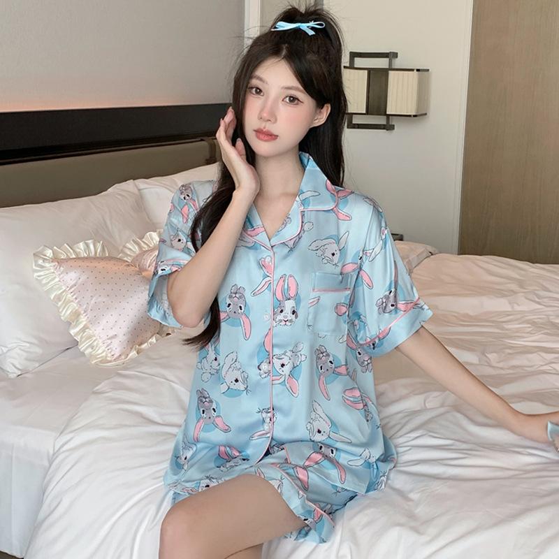 

Летняя свежая и милая пижама с коротким рукавом из ледяного шелка с кроликом, женский летний свободный домашний костюм для девушки 2XL