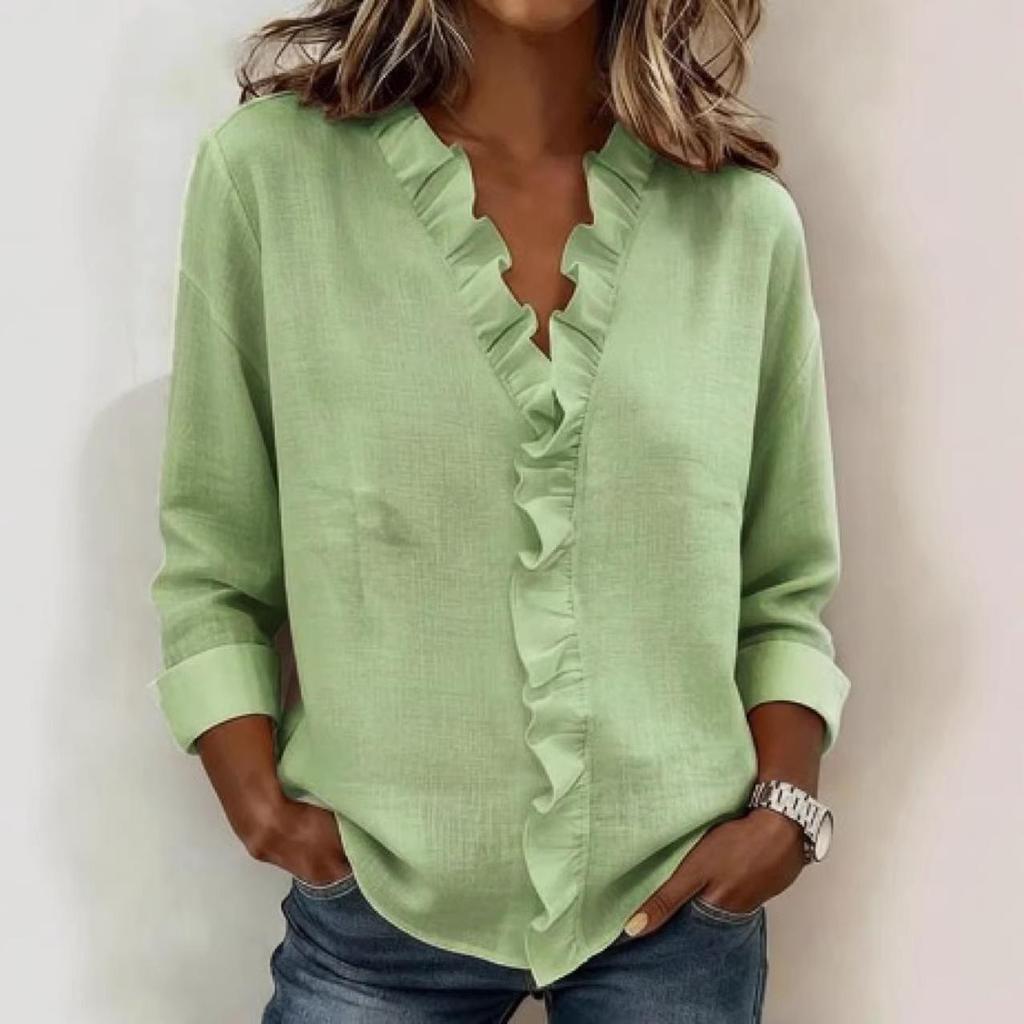 Top Elegante con Volantes y Cuello en V Estilo Francés para Mujer Primavera/Otoño 2026 Europeo y Americano