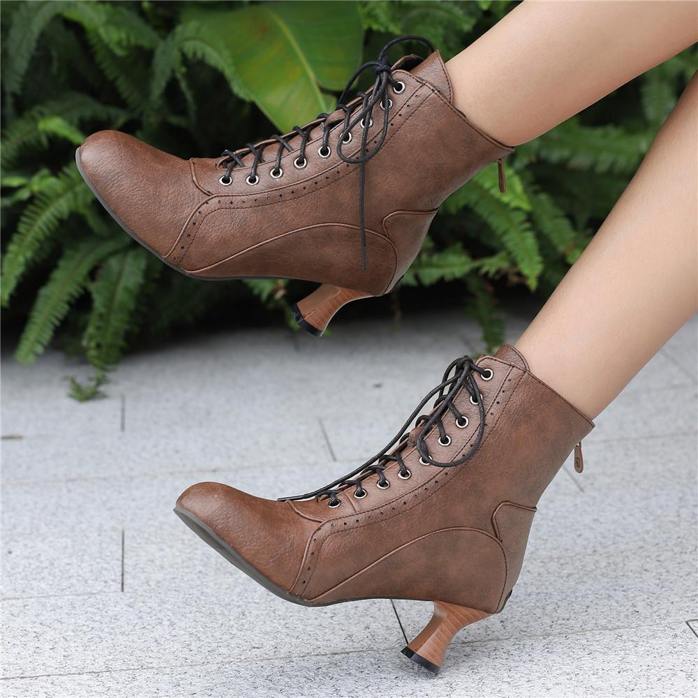 New Lace Up Ladies High Heel Shoes Strange Steampunk Boot Victorian Ankle Boots Women Pointed Toe Thick Soled Short Boots