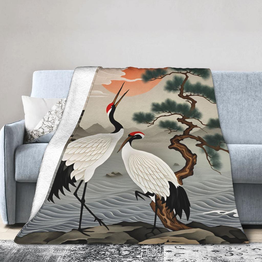 Soft Warm BlanketStudents Travel Chinese Style Crane Throw Blanket Flannel Bedspread For Couch Bed Novelty Sofa Bed Cover