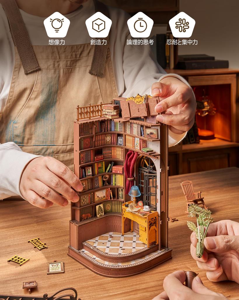ROBOTIME DIY Book Nook Kit Dollhouse Kit Miniature House Kit 3D Wood Puzzle Wooden Handmade Craft Bookstand Assembly Bookshelf Decoration Easy Assembl