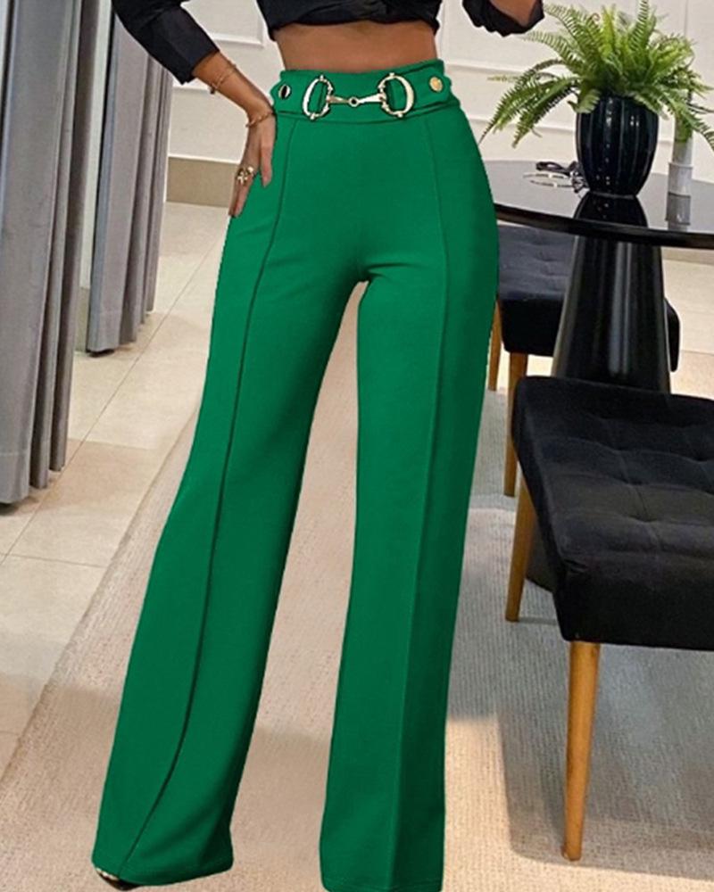 Women's High Waist Straight Leg Pants with Metal Buckle - New Solid Color Fashion Arrivals