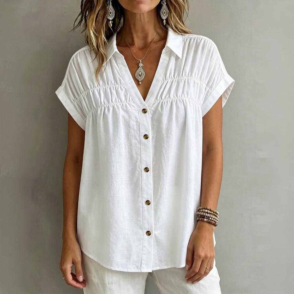 Women's V Neck Loose Fit Button Down Shirt Short Sleeve Wrinkled Front Casual Blouse Lightweight Summer Top