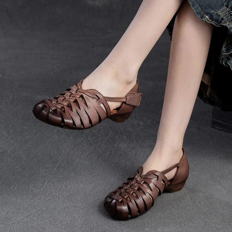 Johnature Sandali traspiranti cavi in vera pelle Scarpe da donna retrò comode e versatili