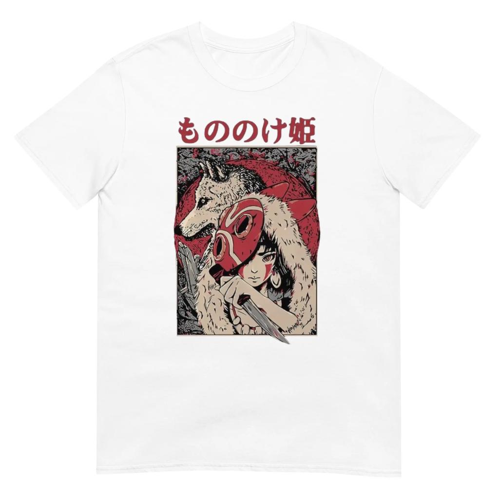 T-shirt Casual da Uomo Mononoke Hime Principessa con Lupo Maschera Rossa Stile Ukiyo-e Stampa Grafica Rossa Nera Bianca Manica Corta alla Moda