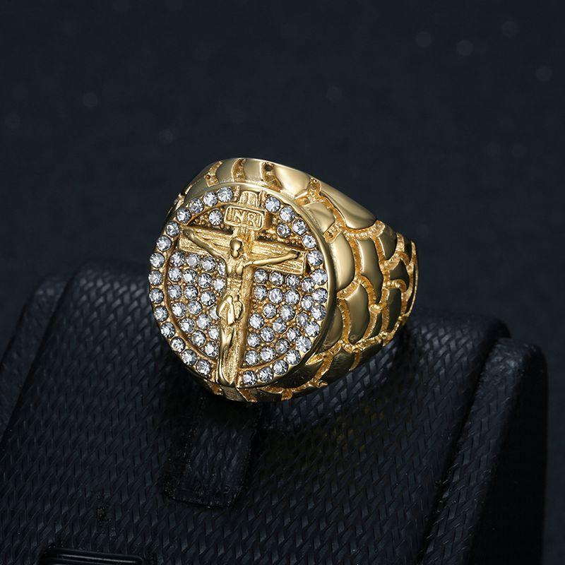 HIP Hop Gold Color Stainless Steel Cross Religious Belief Jesus Head Gold Rings with Rhinestone Finger Bands Fashion Jewelry