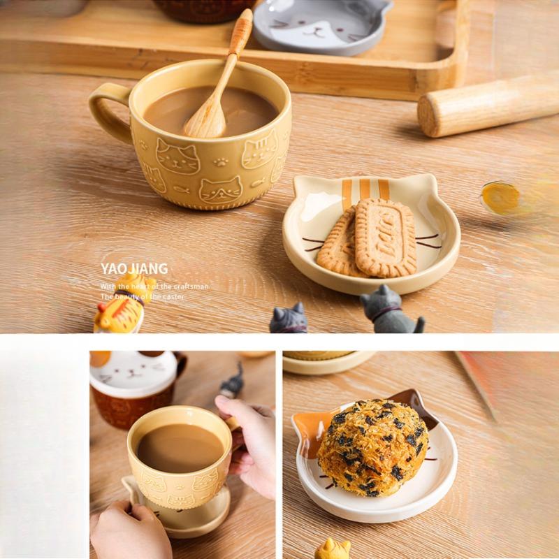 300ml Cute Ceramic Cat Coffee Mug with Lid,Kawaii Coffee Mugs or Tea Cups for Cat Lovers,Funny Novelty Cat Breakfast Mugs for Gift