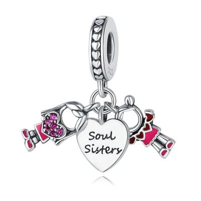 Genuine Copper Sister Heart-Shaped Beads Charms Pendant Fit Original Bracelet Bangle Women Diy Fine Jewelry