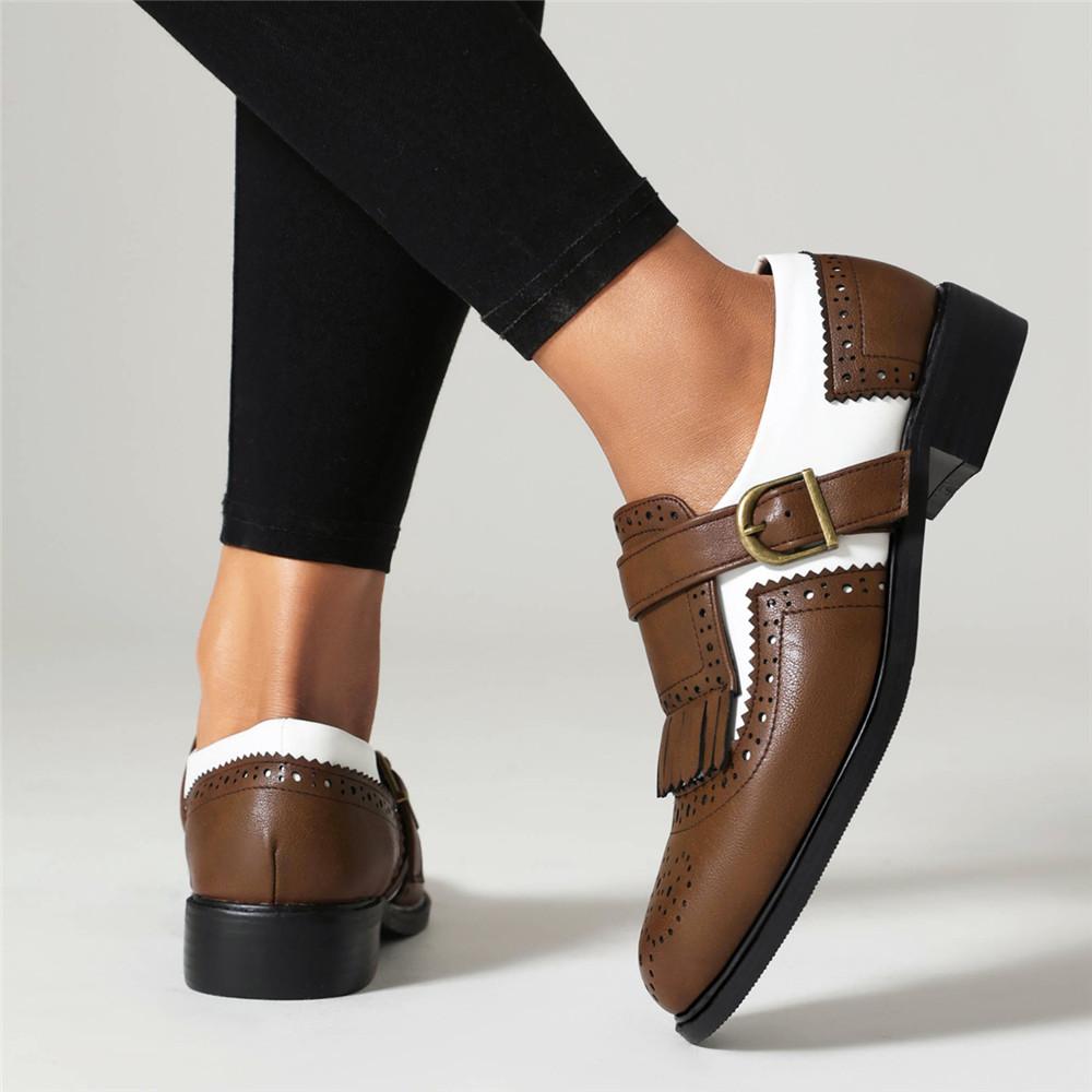 Mode Mode Frühling Herbst Oxford Flats Frau Schnürschuhe Runde Zehe Slipper Schnalle Quaste Leder Derby Britische Damen Schuhe mit dickem Absatz