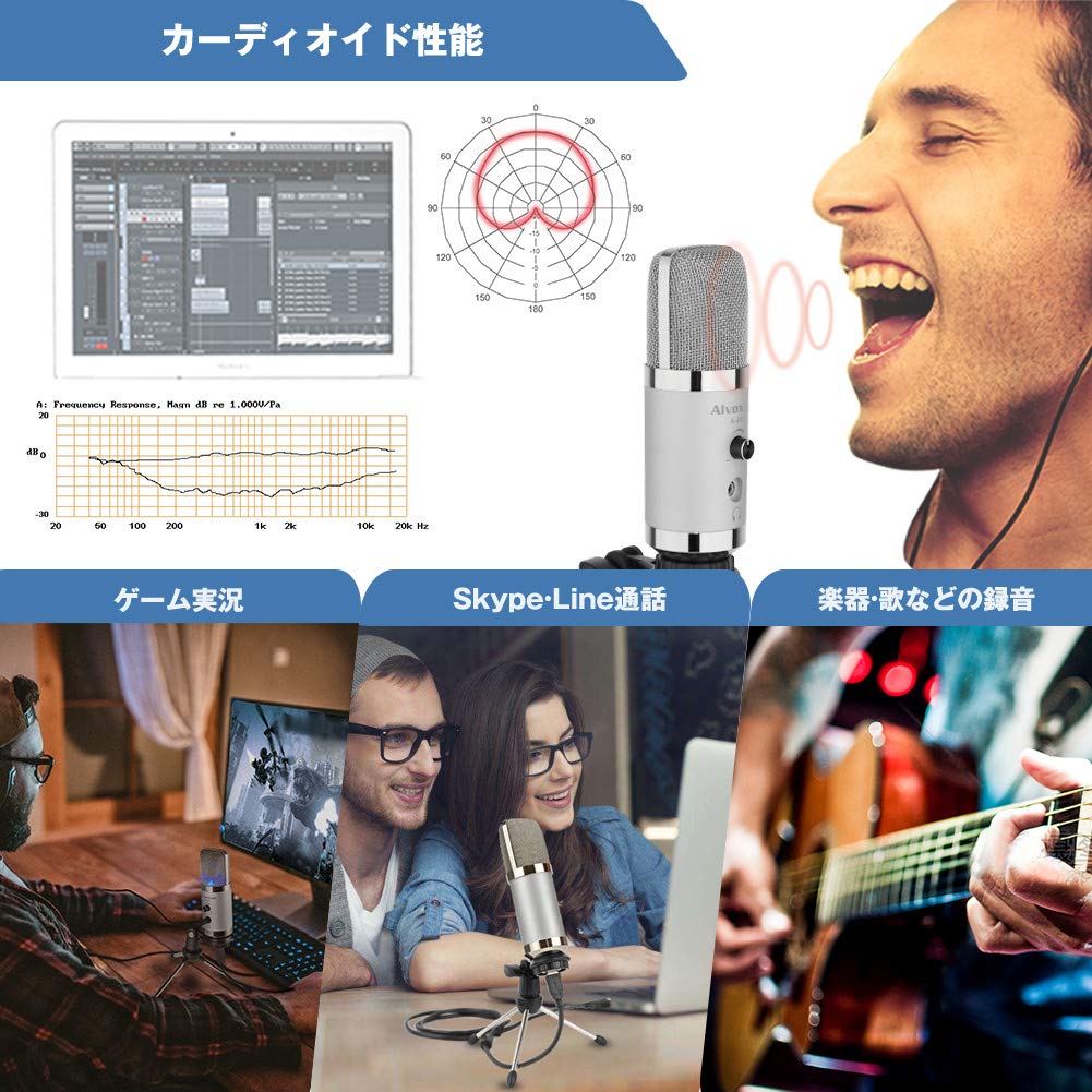 Alvoxcon A800 USB Condenser Microphone for PC and Live Commentary, Unidirectional, with Earphone Jack, Adjustable Volume, Skype, Streaming,