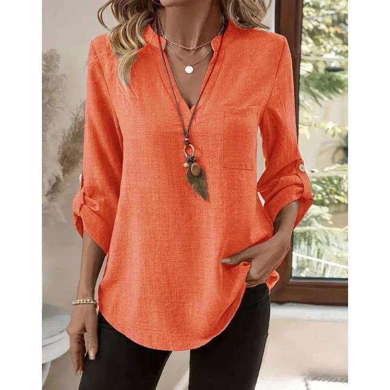 2025 Autumn and Winter New Women's Button V-neck Pocket T-shirt Tops for Women