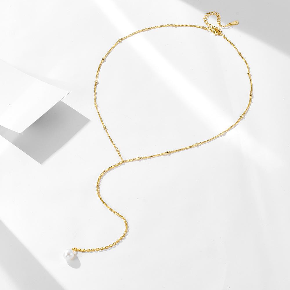 KN4093  Jewelry 925 Sterling Silver Gold Plated Y Bezel Lariat Bead Chain Natural Freshwater Pearl Necklace