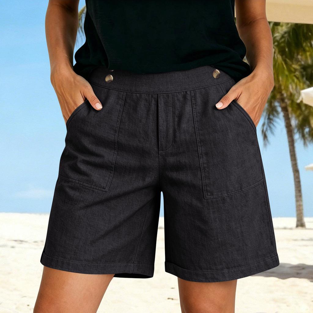 Weiche Shorts aus Baumwollleinen für Damen, Taschen, weicher Knopfverschluss, kein Reißverschluss, schmale Passform