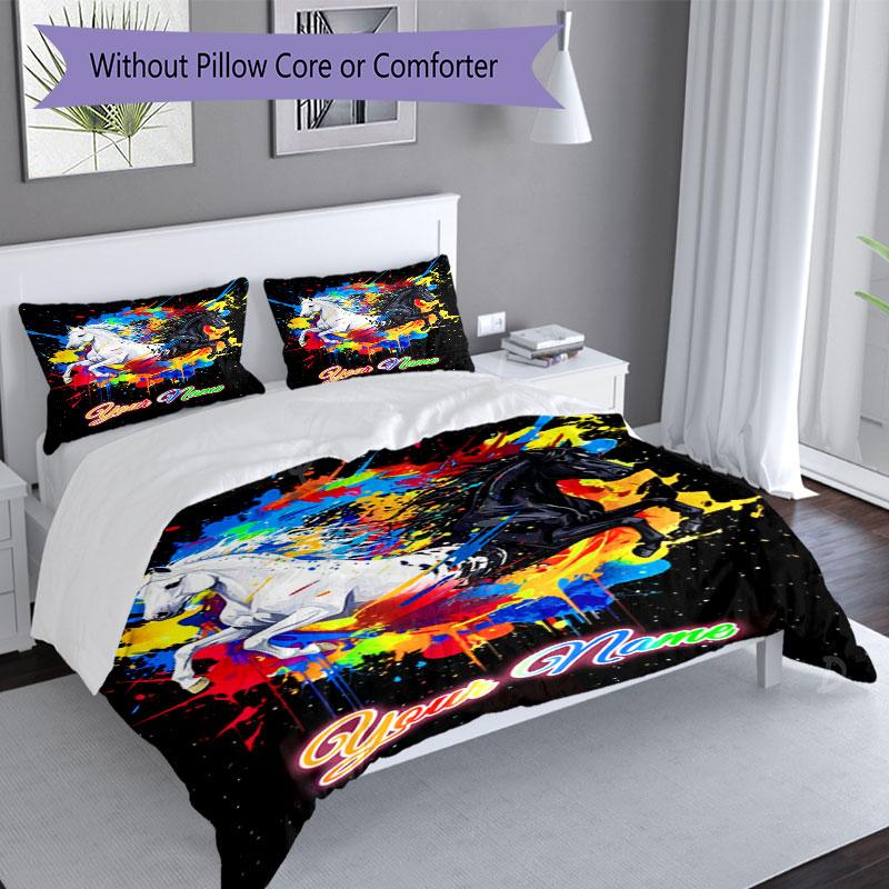 3PC Custom Name Colorful Horse Splash Art Bedding,soft and breathable,2D Flat Print,room decor.,Poster Three-piece set,Soccer Three-piece set,Art,Post