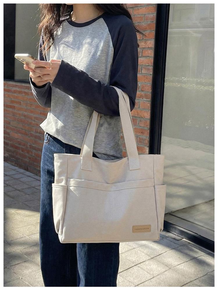 Retro Multi-Pocket Canvas Tote - Large Capacity Korean Style Shoulder Bag for Women