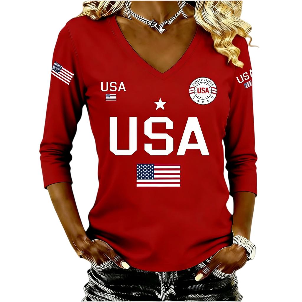Women V Neck 3 4 Sleeve USA Letter Print Top Casual Loose Fit American Flag Graphic Pullover Shirt for Women