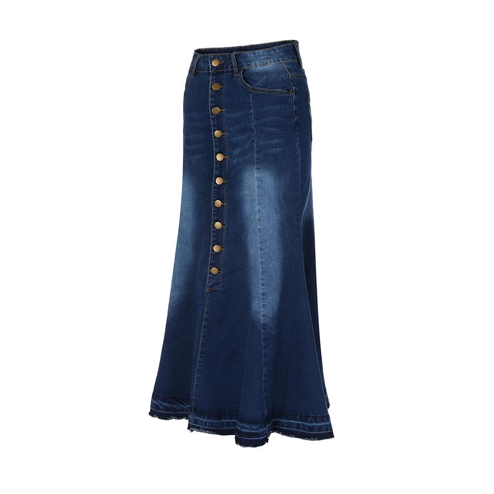 button front fishtail hem denim skirt
