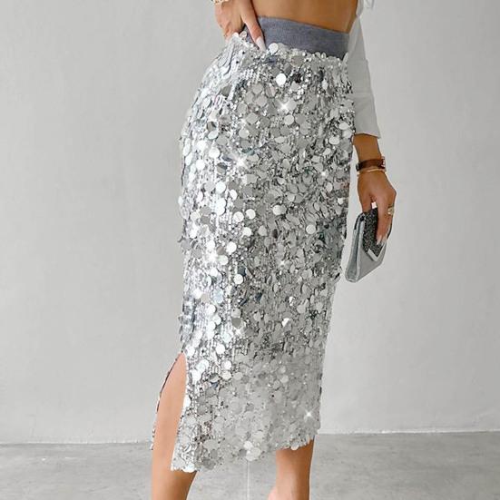 Damen Rock Hohe Taille Sexy Hüftbetont Pailletten Glitzerrock Einfarbig Midikalb-Länge Hüftumspielender Rock Schlankmachendes Design Hochzeit Clubwear