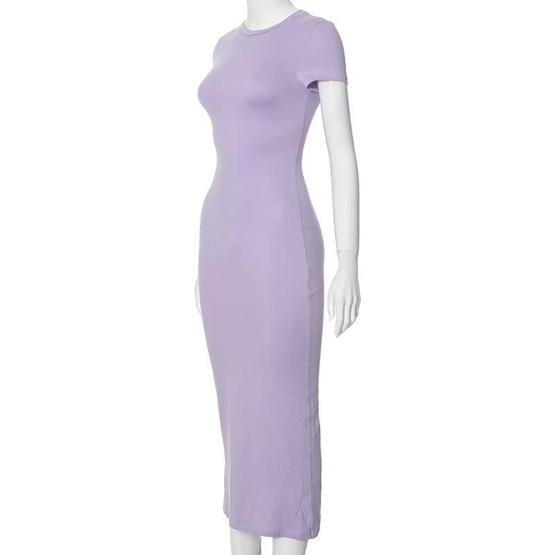 New Short Sleeve Summer Bodycon Dress O Neck Solid Color Elegant Fashion Casual Party Dresses Sexy Slim Fit Clothing