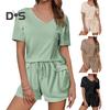 2Pcs/Set Women Summer Outfit V-neck Short Sleeve T-shirt Elastic Drawstring Waist Shorts Set Solid Color Loose Fit Casual Outfit