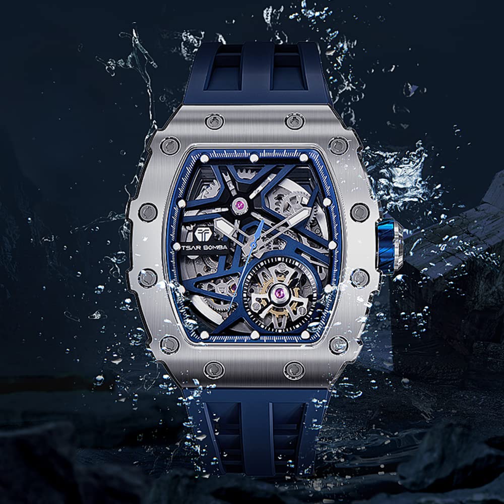 Hodinky TSAR BOMBA Business 50M voděodolné hodinky s skeletem Stylové hodinky Tonneau z nerezové oceli s obličejem a ramenem pro muže Světelný japonský strojek Modrá