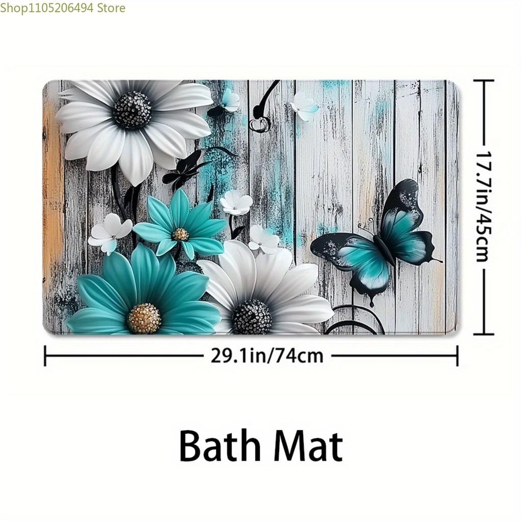 1/3/4pcs, Fashionable and simple Teal and White Floral Butterfly Bathroom Set - 2D FLAT Shower Curtain and Rug Collection Exqu