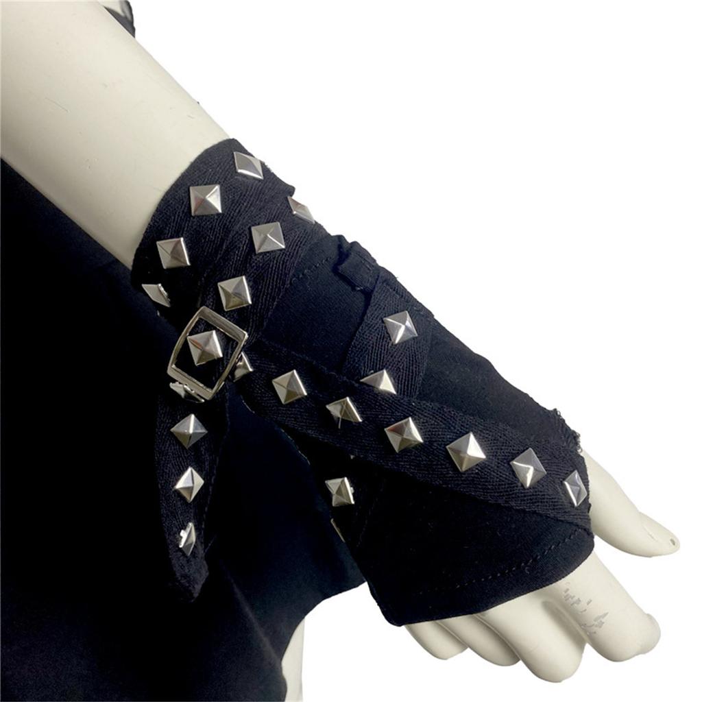 1pair Women Punk Mittens Rivet Ribbons Streetwear Sleeves Half Finger Sleeve for Riding and Music Festivals