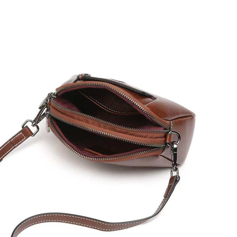 Oil Wax Cowhide Women's Bag 2025 New Fashion Versatile Small Square Bag Genuine Leather Bag Multi-Pocket Crossbody Small Bag