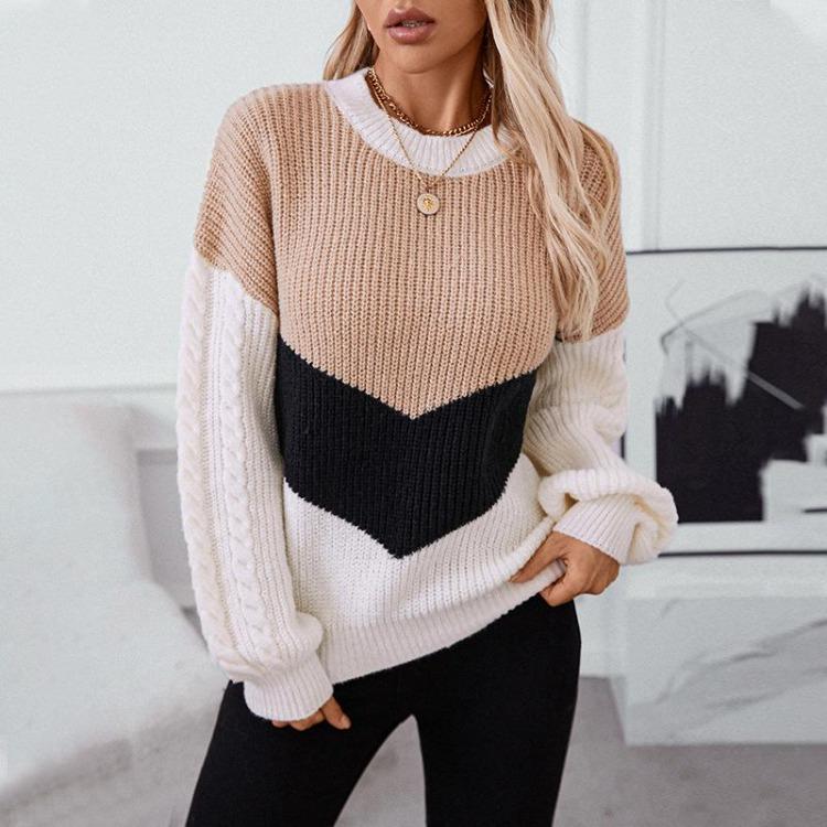 Vintage Collision Color O Neck Loose Long Sleeve Knitwear Cardigan Sweater Top Autumn Winter