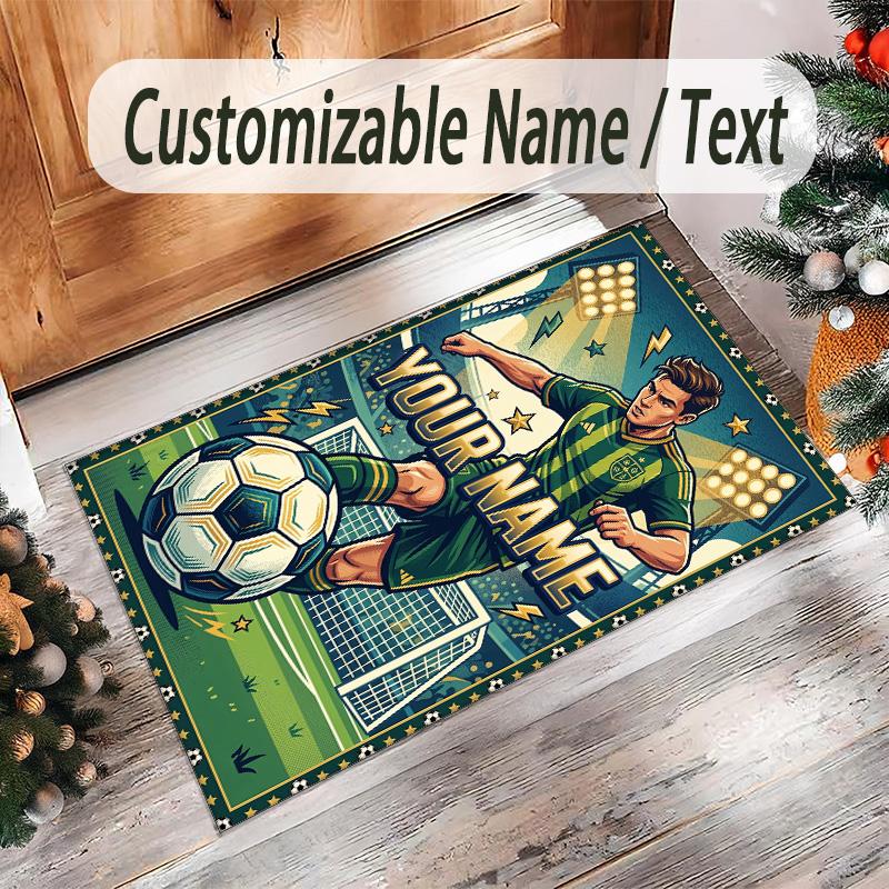 Soccer Theme Crystal Velvet Floor Rug Personalized Custom Name Text Warm Carpet Home Decoration