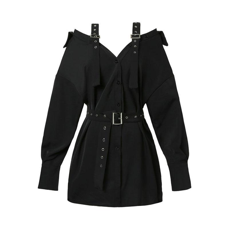 Rochie Gotică Neagră Cămașă Sexy Rochii Mini cu Curea Vară Punk Mânecă Lungă Bretea Umeri Goi Haine Femei Petrecere Vestidos