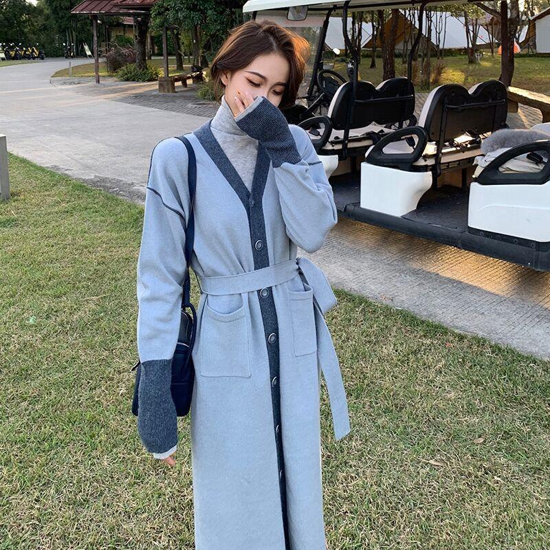 

Niche gentle wind long sweater skirt over the knee, waist and thin temperament V-neck knitted dress women s winter dress XL синий