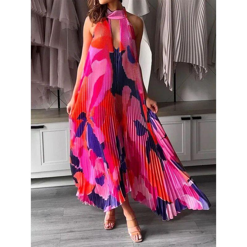 

Amazon Wish s New Summer Fashion Deep V-Neck Halter Backless Sleeveless Printed Pleated Flared Dress Rose Red S