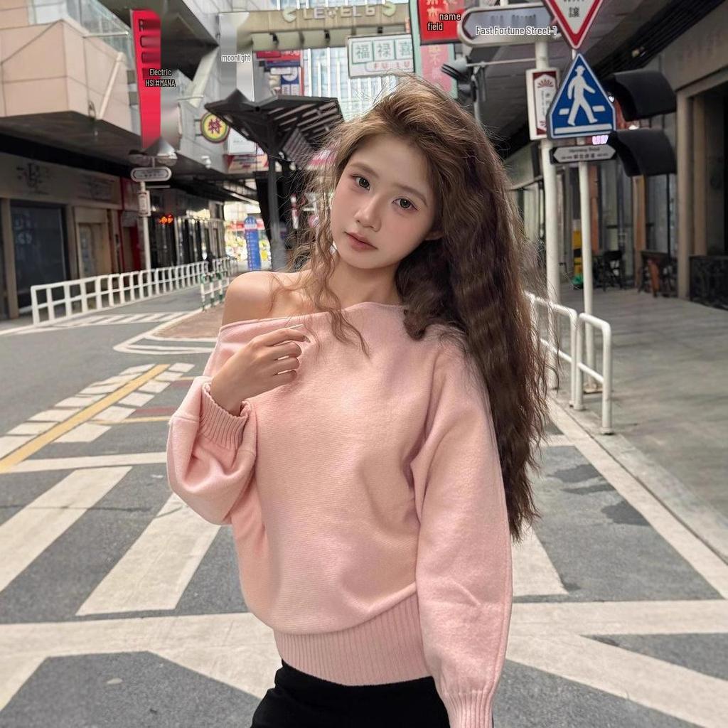 Women's Korean-Style Off-Shoulder Red Knit Sweater, Loose Fit, Autumn & Winter Wear